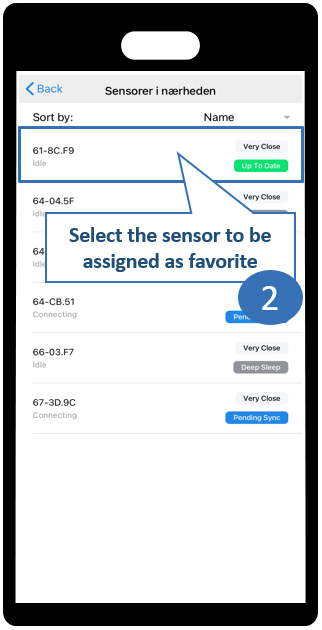 App screens showing favorite sensor selection step 2