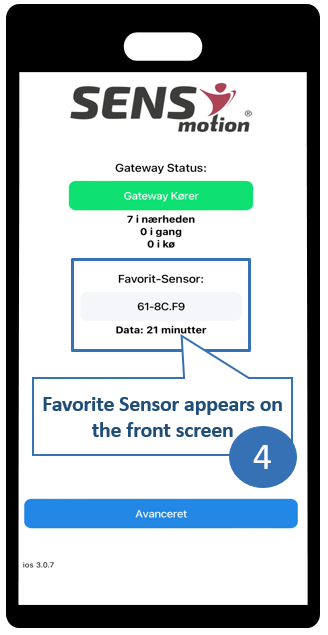 App screens showing favorite sensor selection step 4