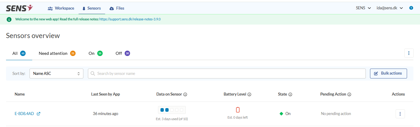 Sensor overview with battery information