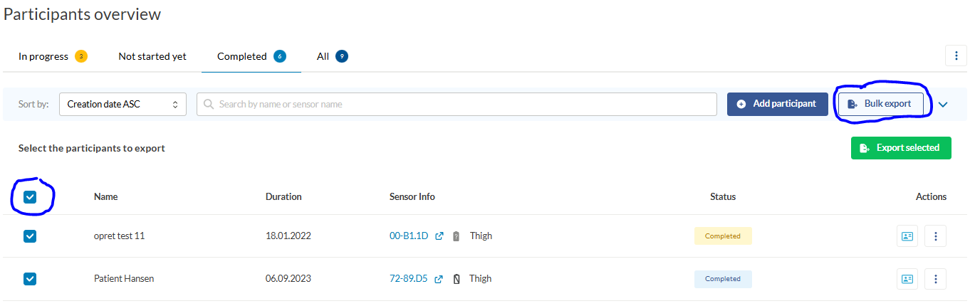 Bulk export participant selection
