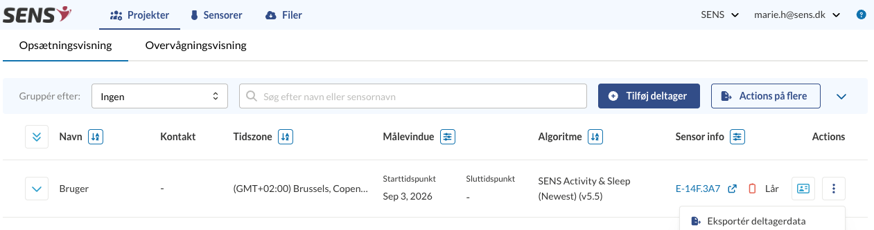 Deltagerens handlingsmenu med Eksportér deltagerdata