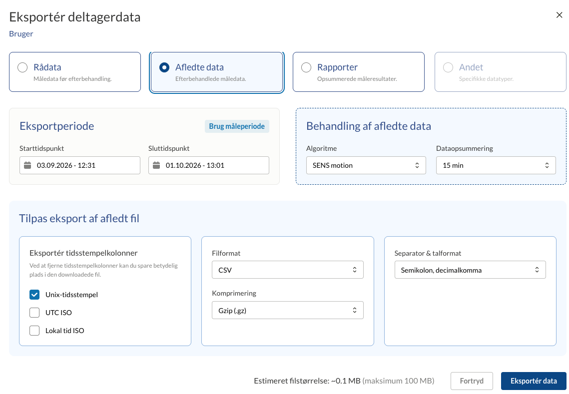 Eksportvinduet med Afledte data valgt