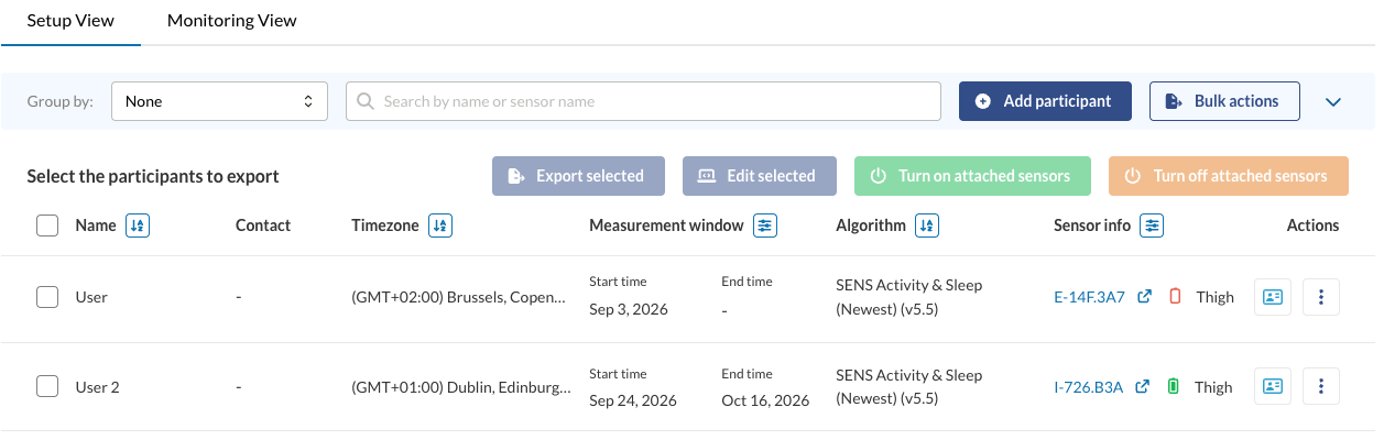 Participants overview in bulk actions mode with no participants selected