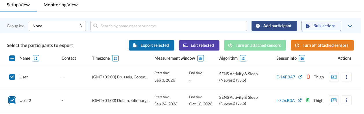 Two participants selected and the Export selected button enabled