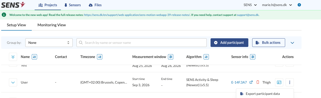 Participant row actions menu with Export participant data