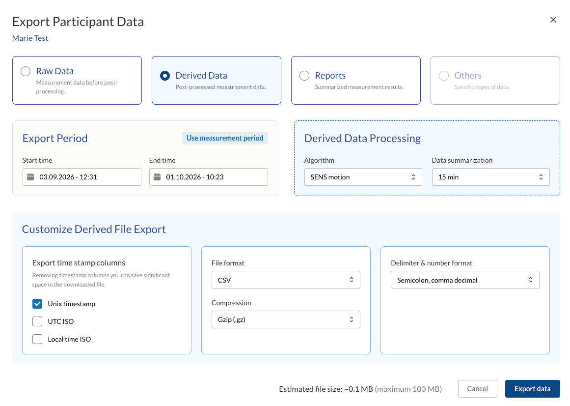 Export window with Derived Data selected