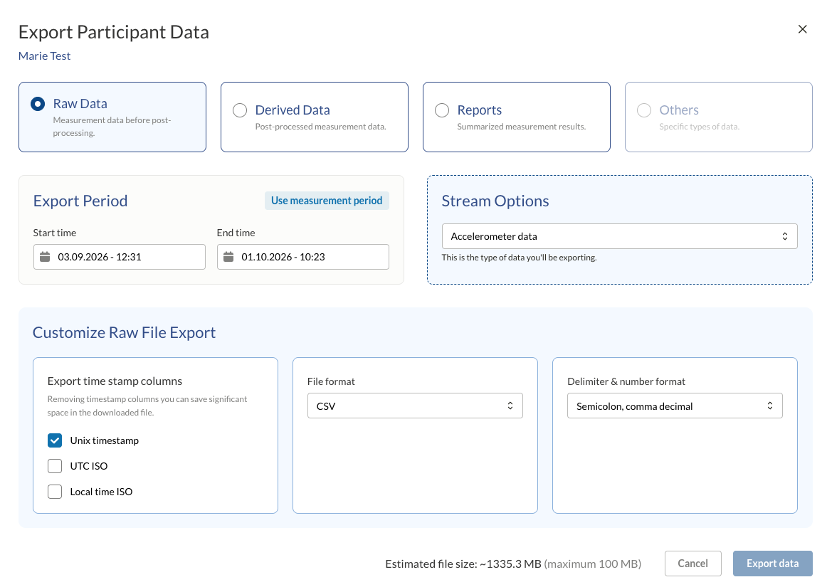 Export window with Raw Data selected
