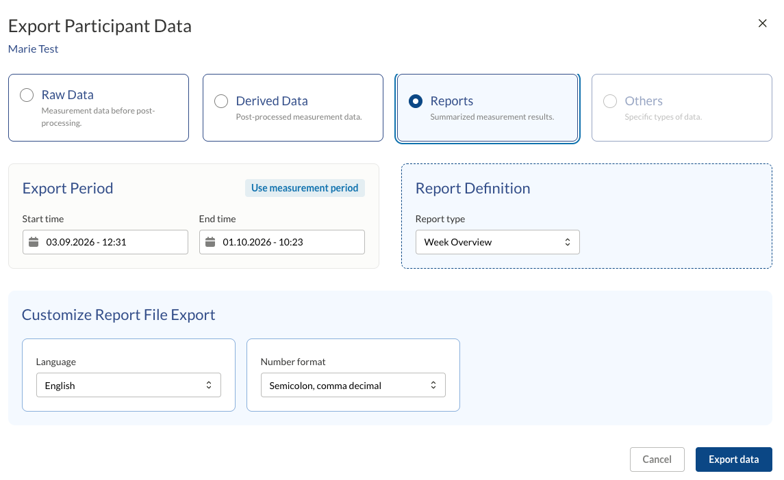 Export window with Reports selected