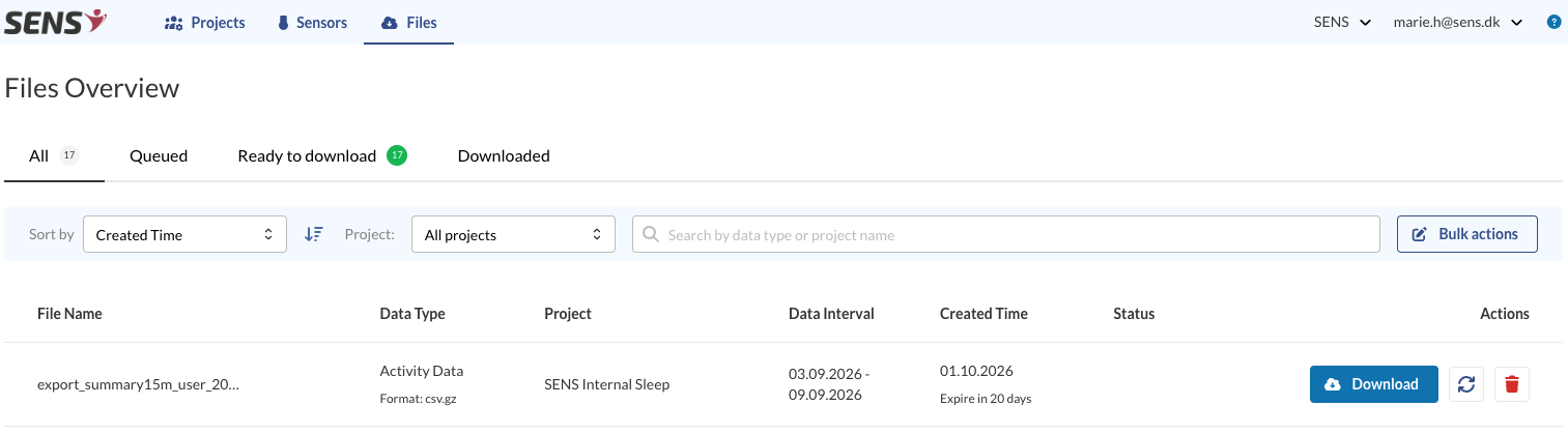 Files Overview with an exported file ready to download