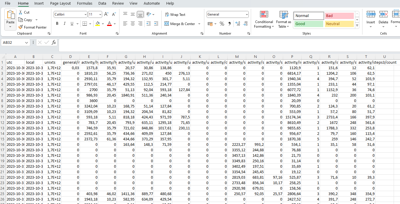 CSV file - formatted view