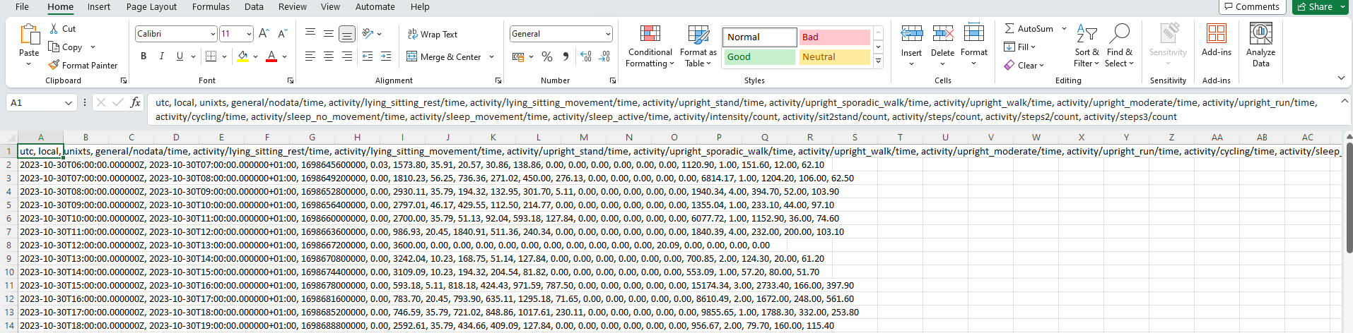 CSV file - initial view