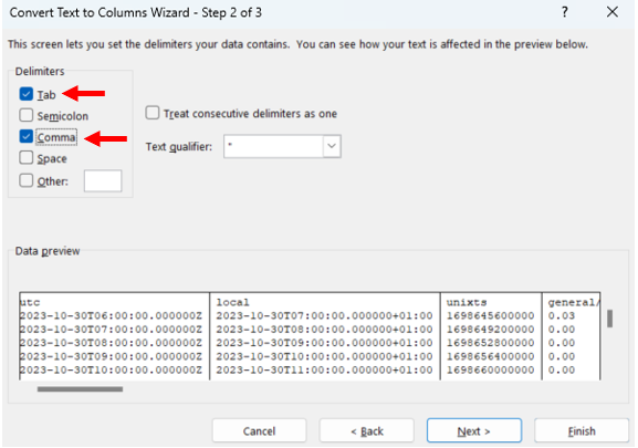 Tab and comma selection
