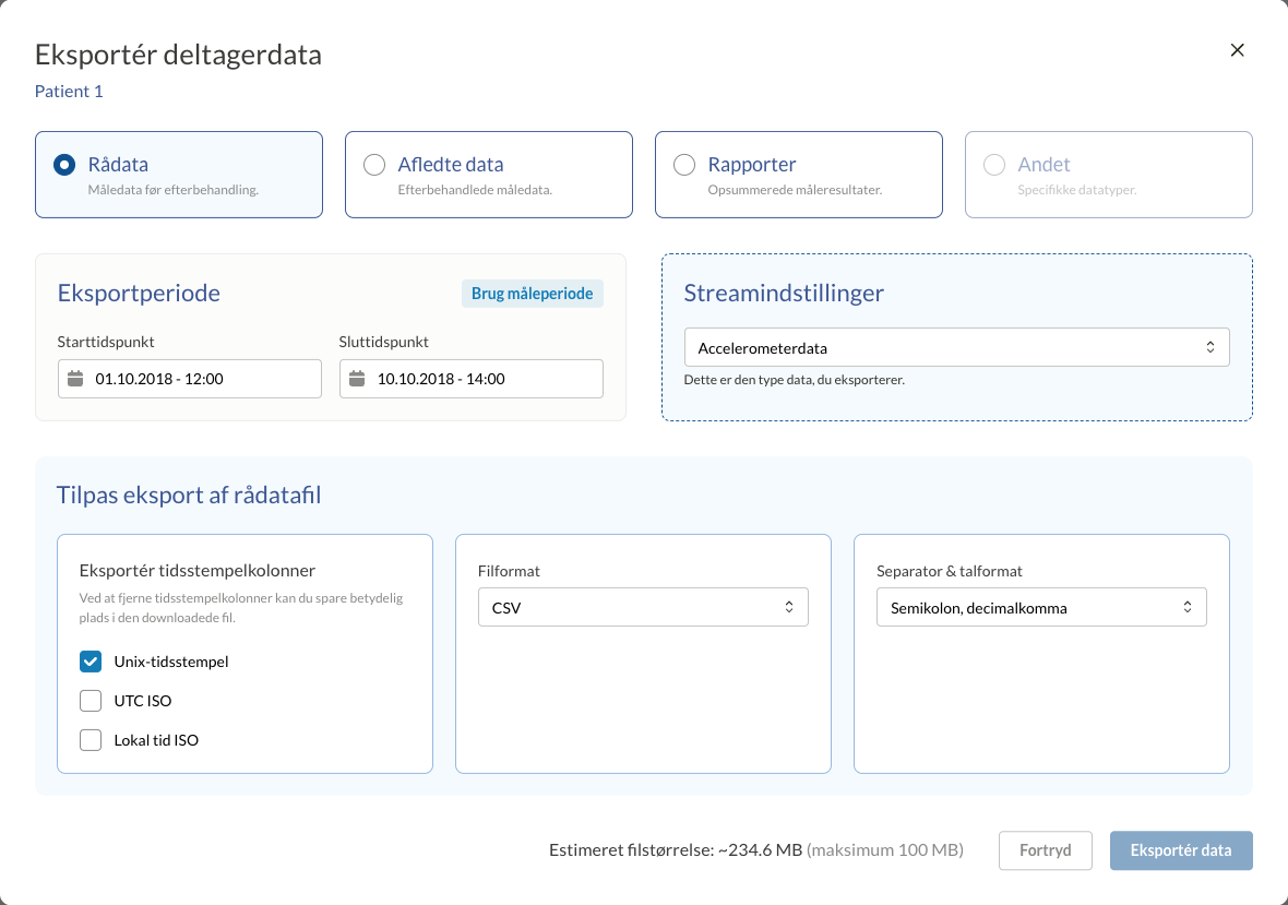 Det nye vindue Eksportér deltagerdata