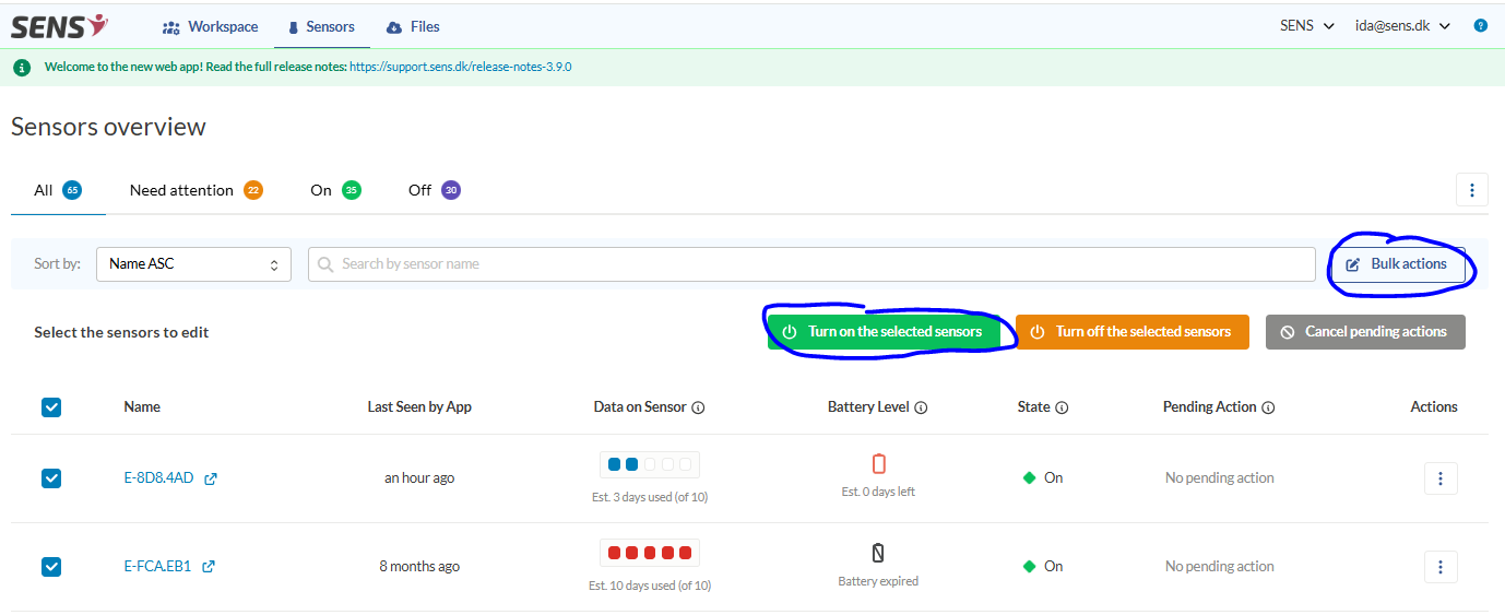 Turn on several sensors at once (bulk)